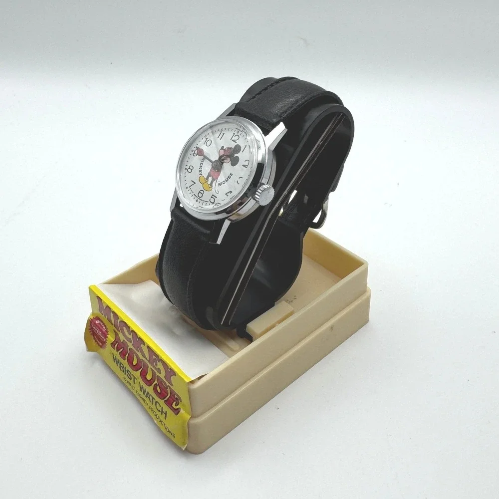 Vintage Mickey Mouse Wrist Watch Bradley Time Division Black‎ Leather Strap